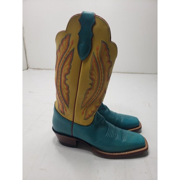 Justin Women’s Yellow/Teal Square Toe Leather Boots Style L2672 Size 7B - Picture 5 of 11